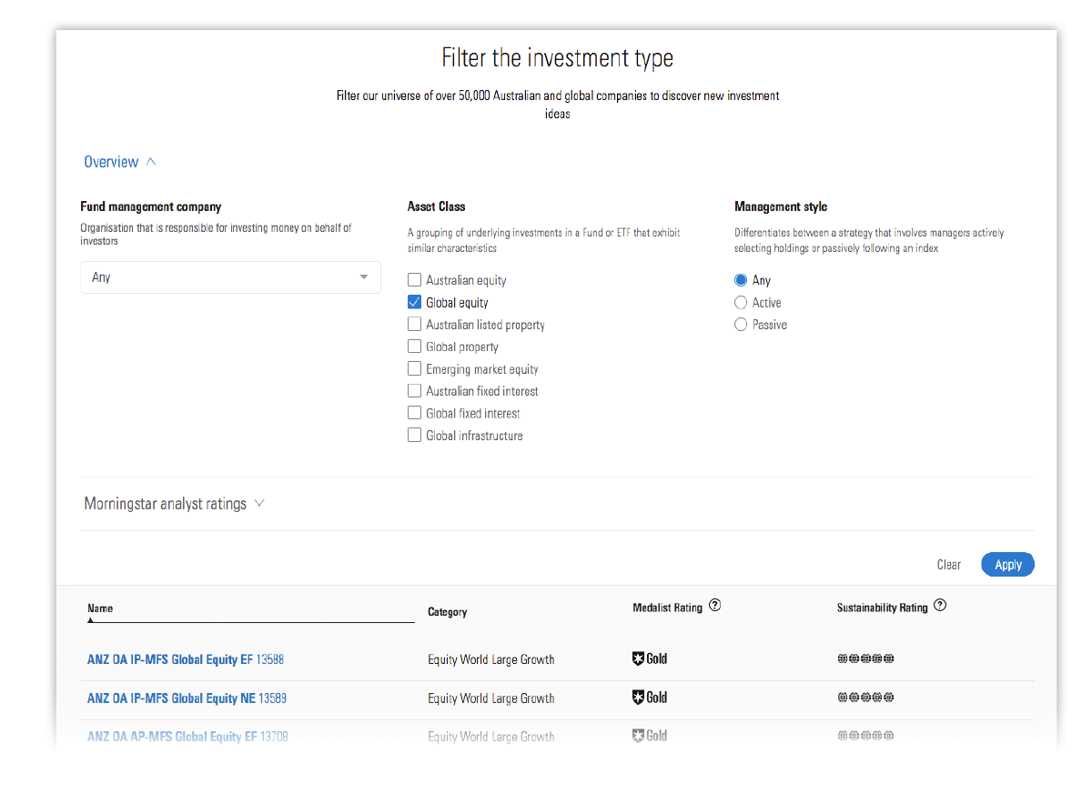 Image of Morningstar Premium investment filter for Funds
